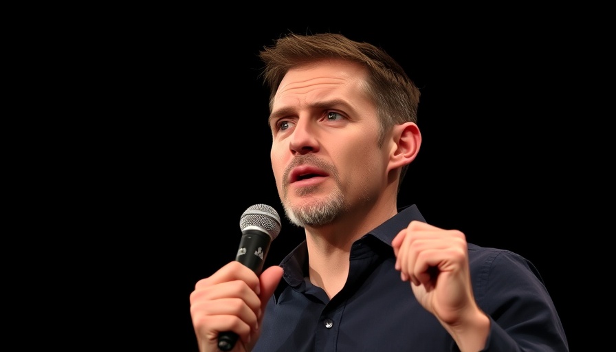 Speaker addressing audience confidently, holding microphone