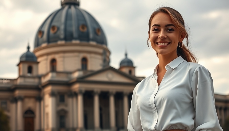 Young woman in front of a domed building, smiling under a cloudy sky.