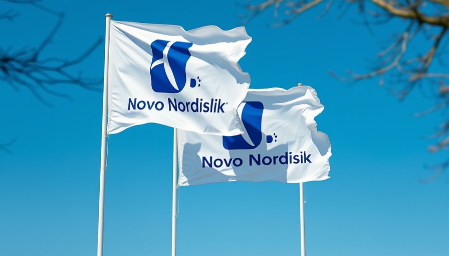 Novo Nordisk flags flying in a clear sky.