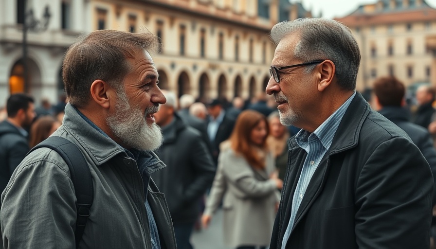 Two men conversing energetically outdoors, discussing trust in the Bible.