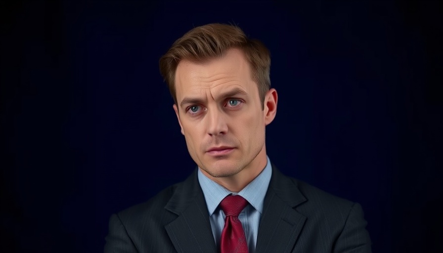 Serious man in a suit, looking contemplative, dark blue backdrop.
