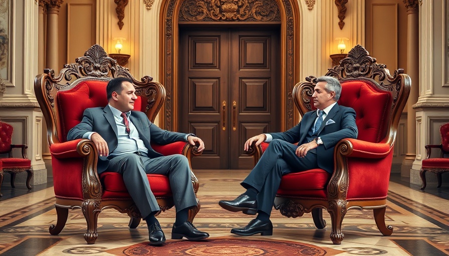 Serious conversation between two men in a grand hall with ornate chairs.