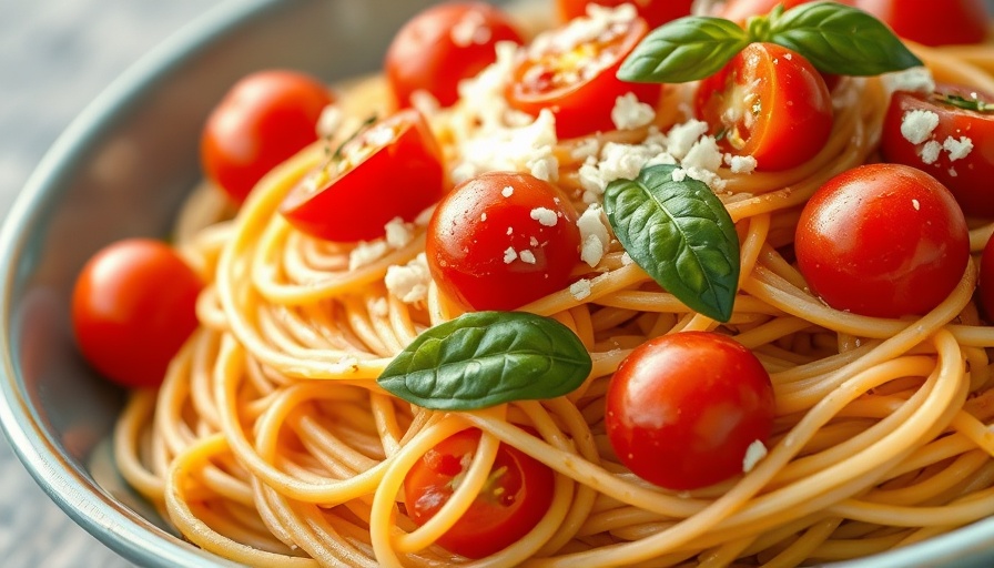 Fresh spaghetti recipe with tomatoes and basil in a dish.