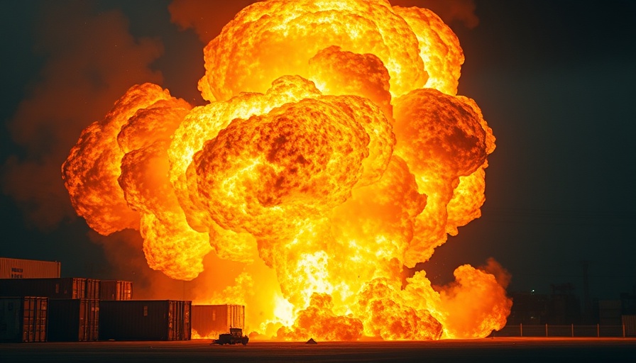 Fiery explosion at an industrial site, intense flames and smoke.