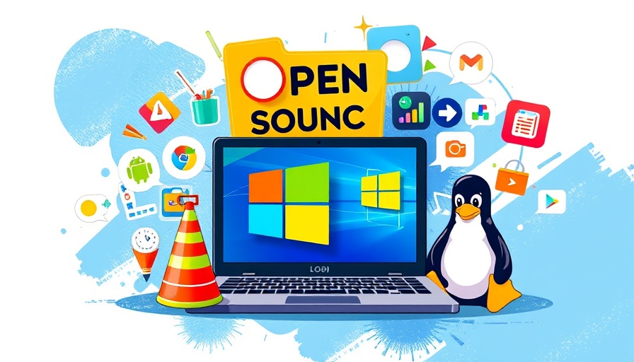 Colorful illustration of open source apps for Windows with symbols.