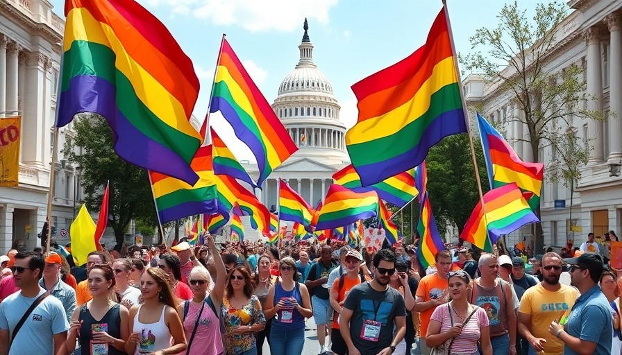 LGBTQ+ Pride parade near U.S. Capitol with colorful flags, daytime.