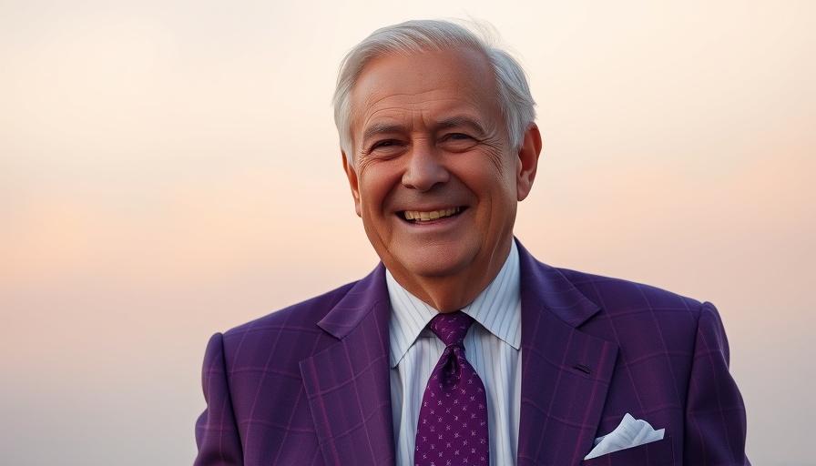 Attractive elderly man smiling confidently in a purple suit.