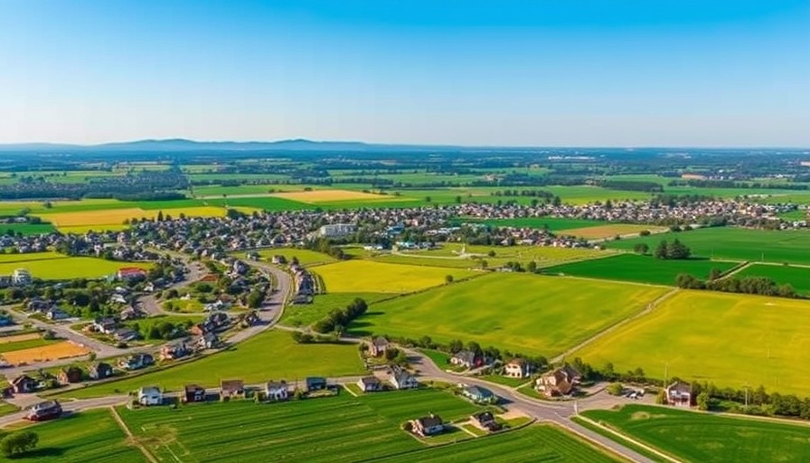 Grey belt development area with green fields and houses.