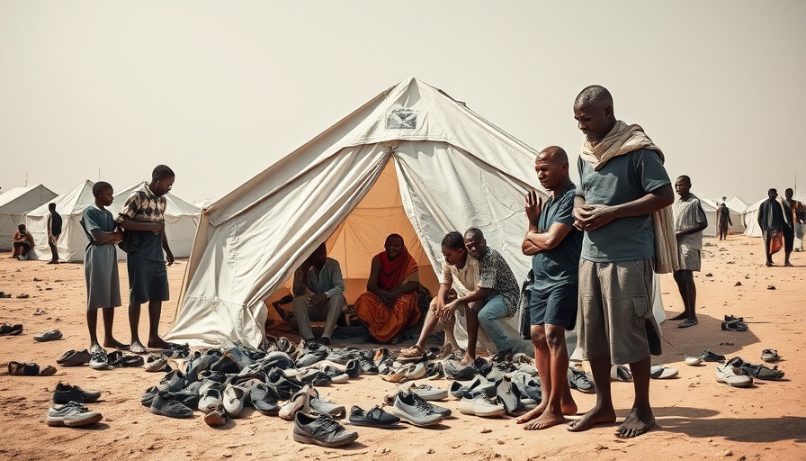 Monochrome collage of Sudanese refugees in a camp setting.