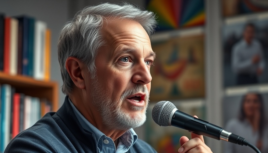 Middle-aged man speaking into a microphone in an indoor setting.