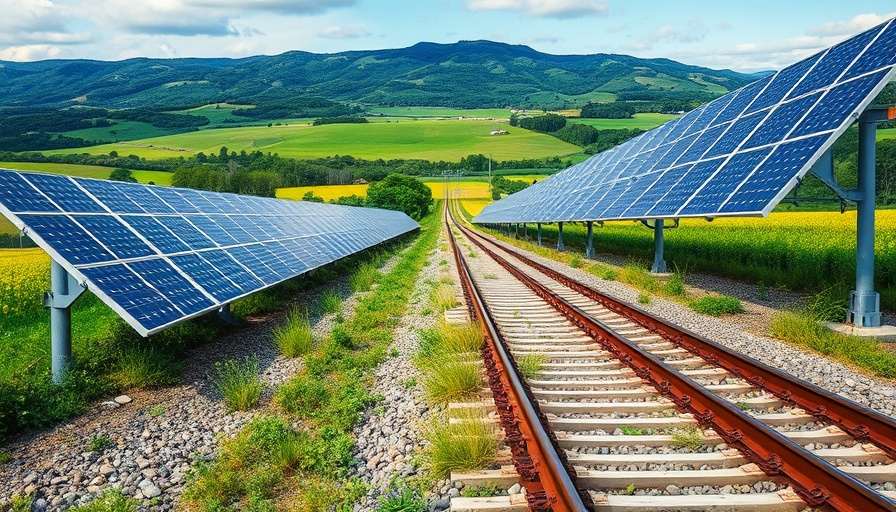 Swiss solar railway project with solar panels on tracks amid green fields.
