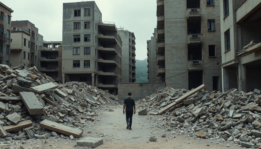 Gaza ceasefire negotiations context: lone figure in ruined city.