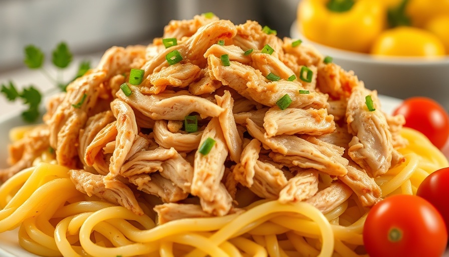 Southern comfort dinner with chicken and noodles in a black dish.