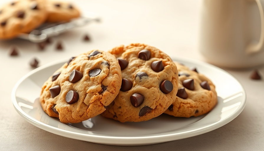 Best chocolate chip cookies on a white plate, close-up.