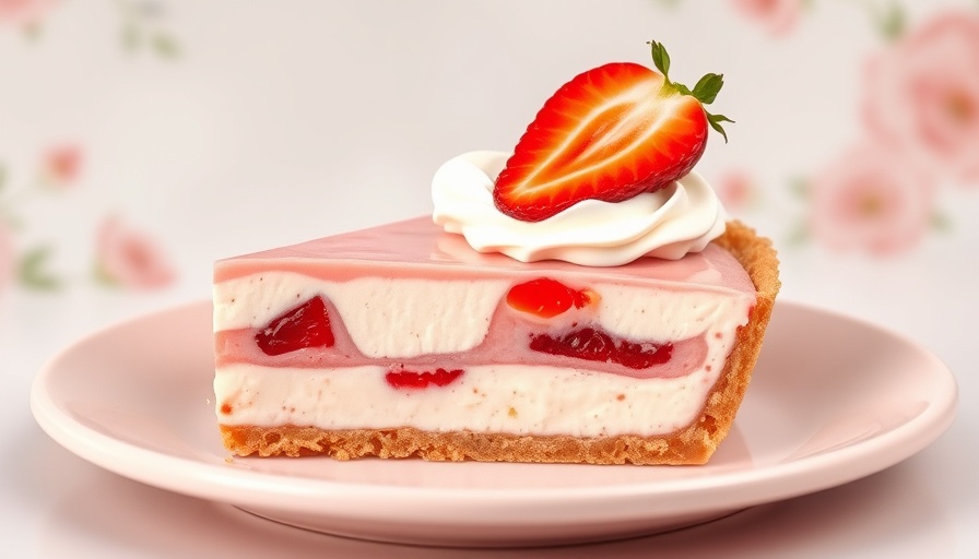 Slice of strawberry jello cream pie with whipped topping.