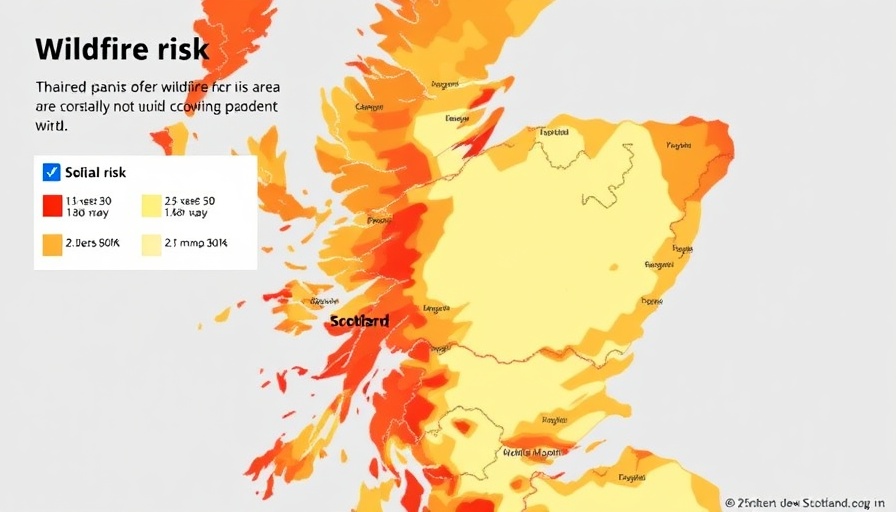 Very high wildfire risk map for southern Scotland with color-coded zones.
