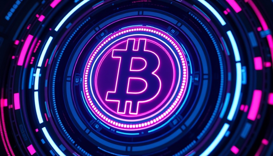 Futuristic Bitcoin symbol in vibrant neon blue and pink, 3D display.