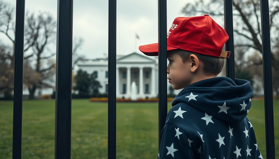 Boy in Trump hat gazes at White House; symbolizes political support.