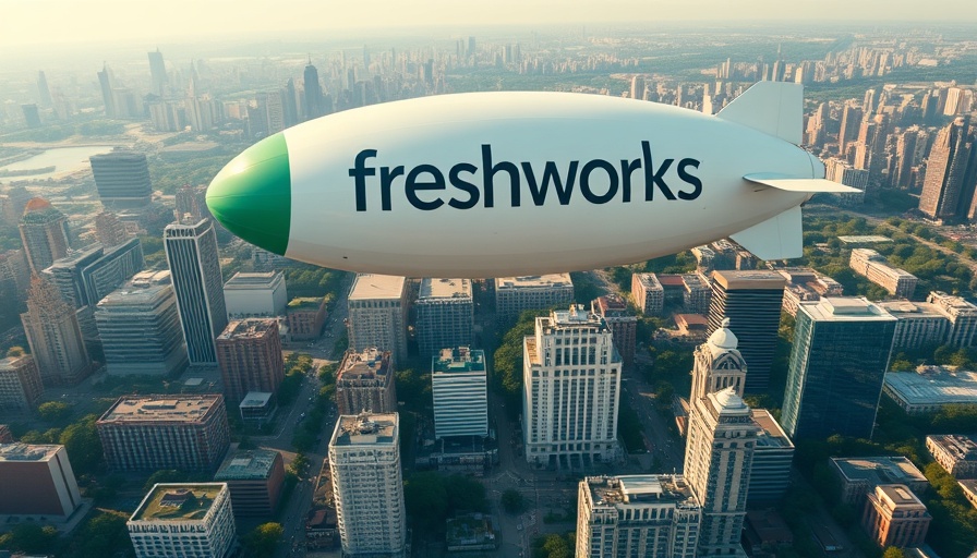 Blimp with Freshworks logo over city, photorealistic aerial view.