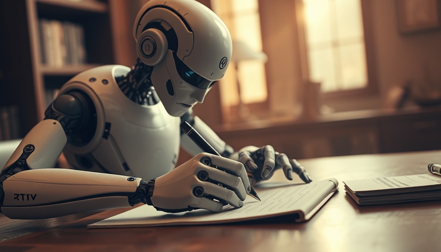 AI text detection with em dash: Robot writing in sepia tones.