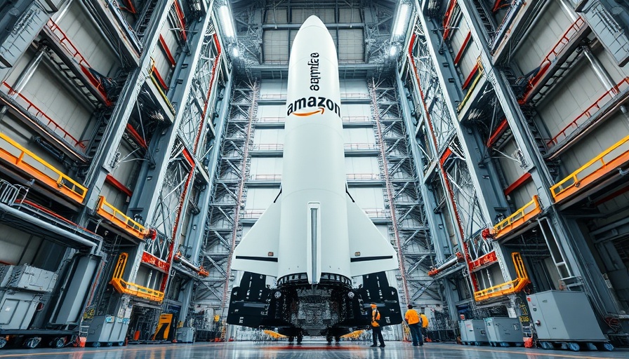 Amazon Project Kuiper rocket assembly in hangar with engineers.
