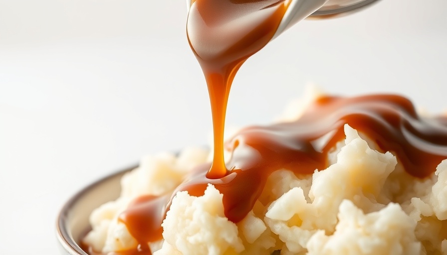 Rich brown gravy being poured over mashed potatoes - brown gravy recipe