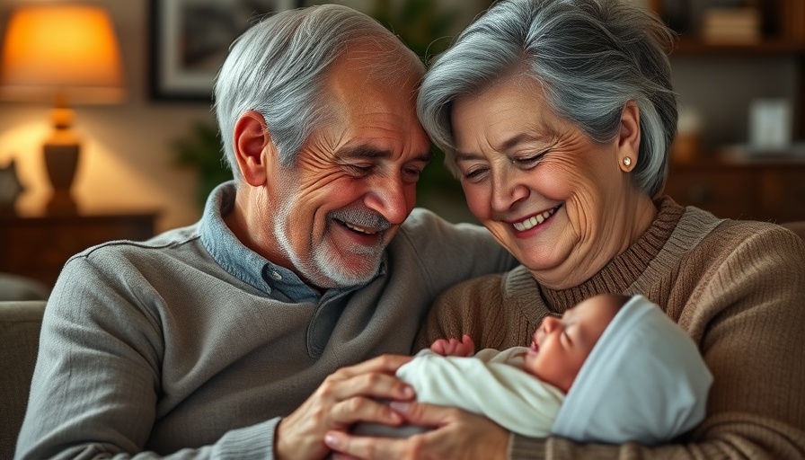 Smiling grandparents holding newborn, blessings of parenting.