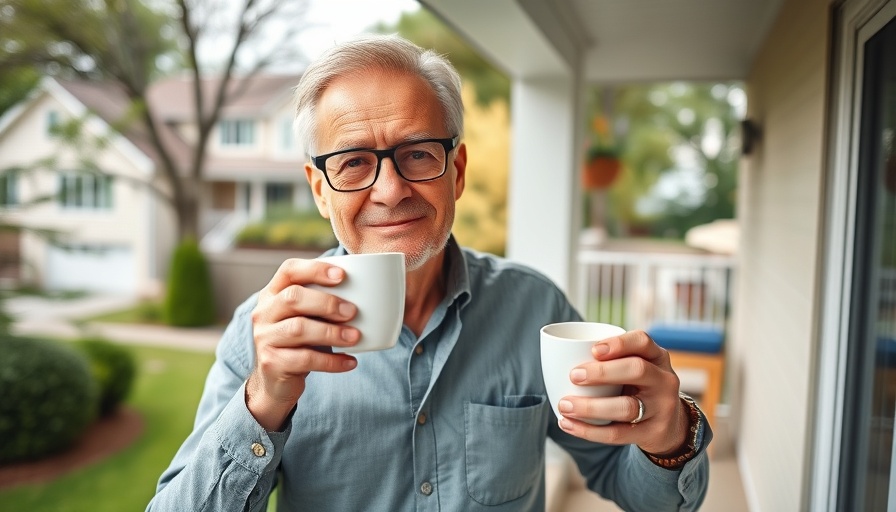 Older man on balcony holding coffee, Asking a Millionaire for $1,000,000 scene.
