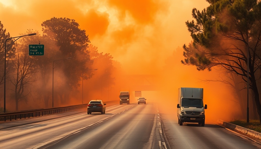 Highway engulfed in smoke from fires affecting traffic, Independence Day events canceled.