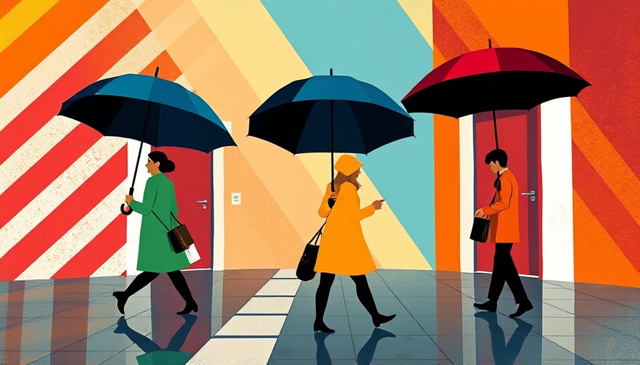 Abstract illustration of figures with umbrellas in vibrant colors for 2025 tech layoffs concept