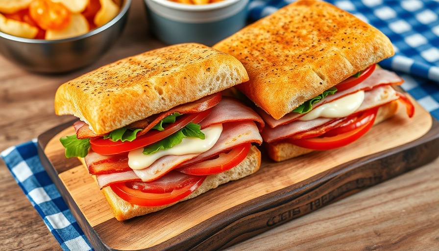 Diner-Style Turkey Bacon Club on wooden board with chips.