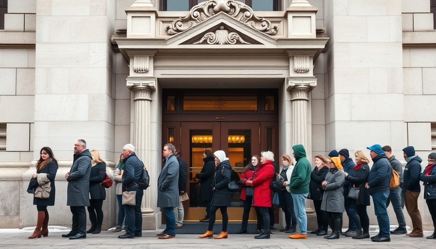 People queuing outside a government building, reflecting minority health offices cuts.