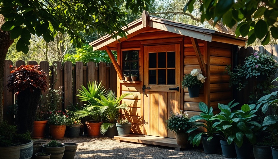 Garden shed with plants, ideal for storing bird seed in shed.