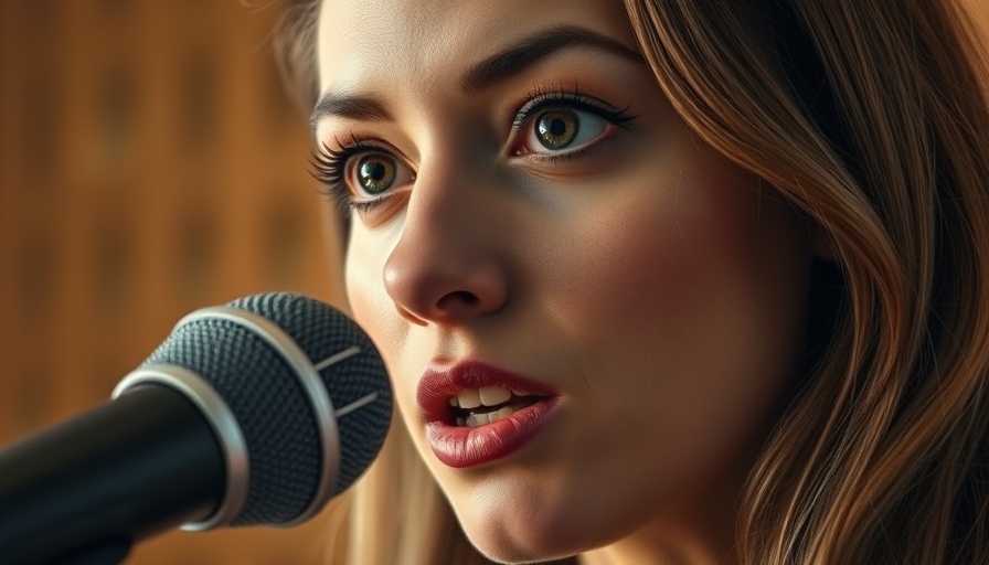 Focused woman speaking into a microphone, warm background.