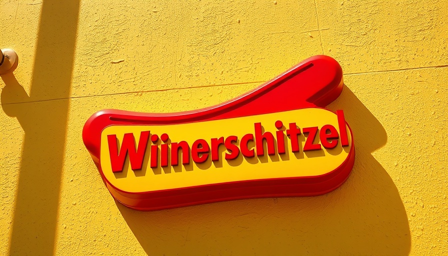 Wienerschnitzel sign on yellow wall under sunlight.