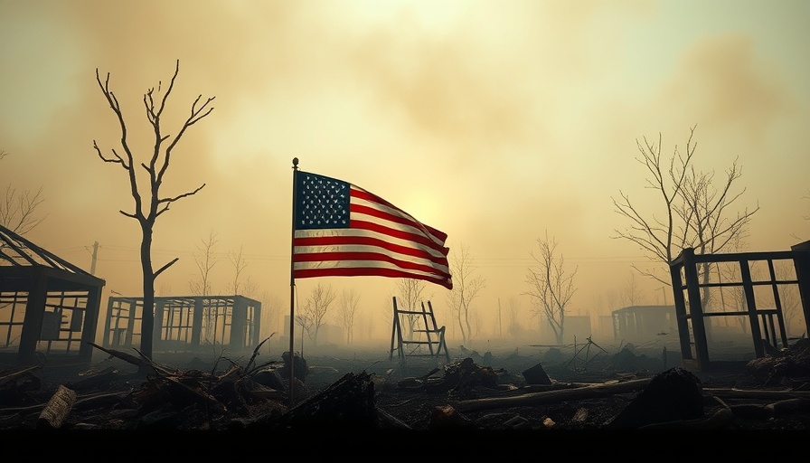 Ruins with American flag symbolize cancellation of environmental justice grants.