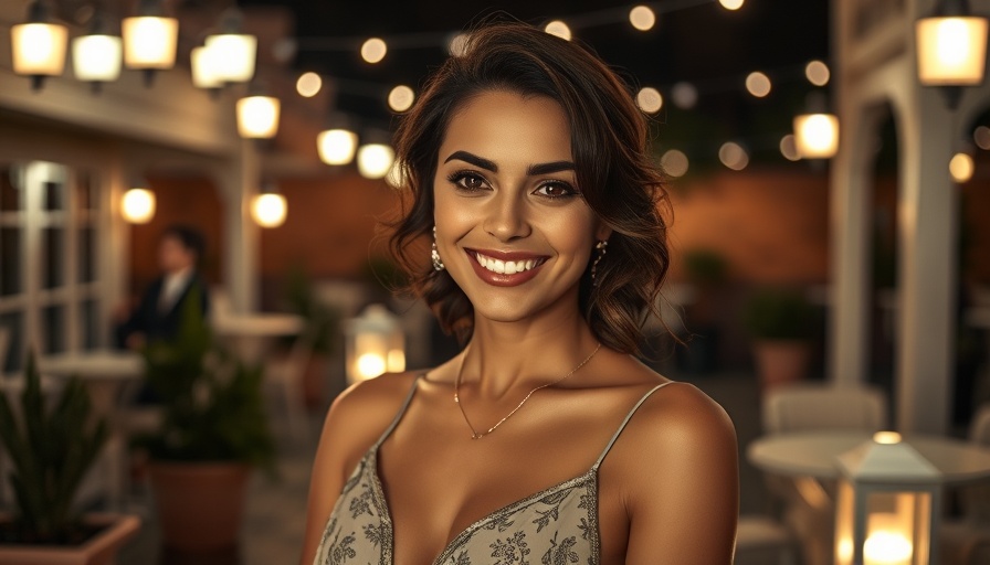 Elegant woman smiling on terrace at night with warm lighting.