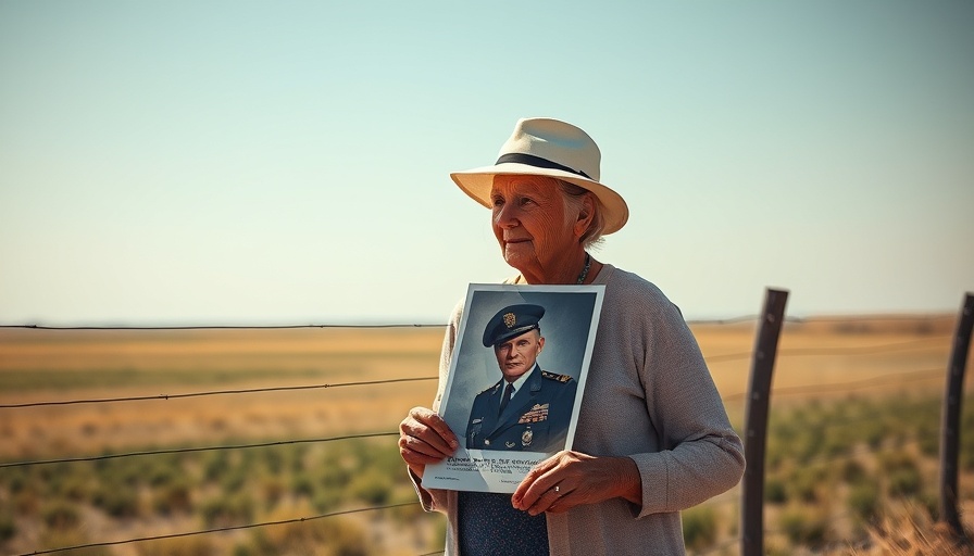 Elderly woman holds soldier's poster at a fence, open field background.