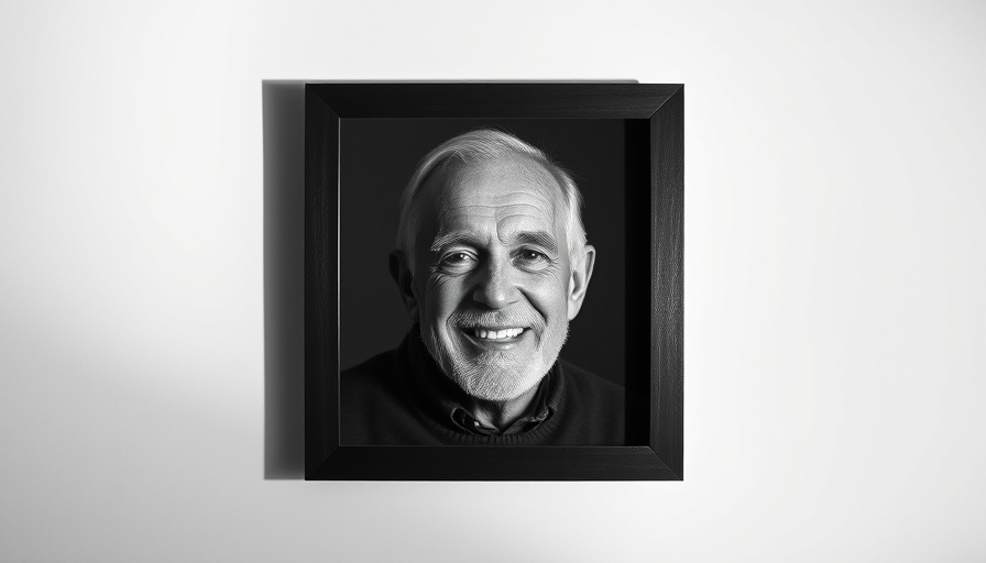Portrait of older man in frame on white wall.