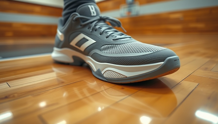 Sleek grey basketball sneakers on gym floor.