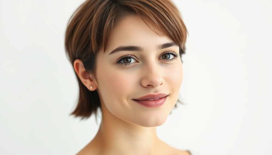 Young woman with calm expression, neutral background.