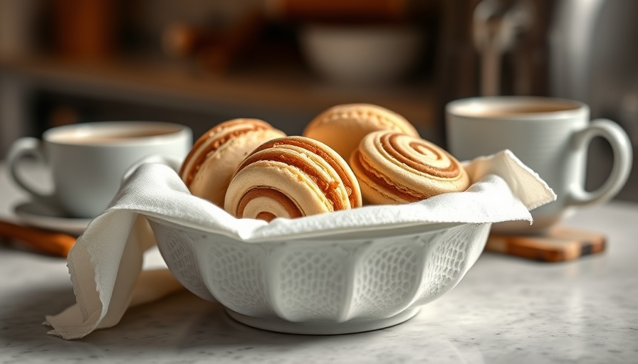 Cinnamon roll macarons arranged in a bowl with coffee in the background.