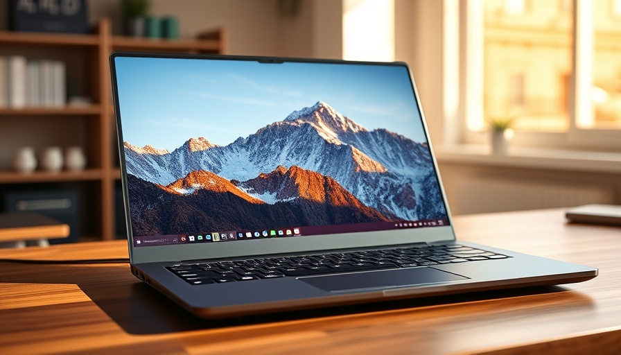Sleek gaming laptop with vivid mountain display on wooden desk.
