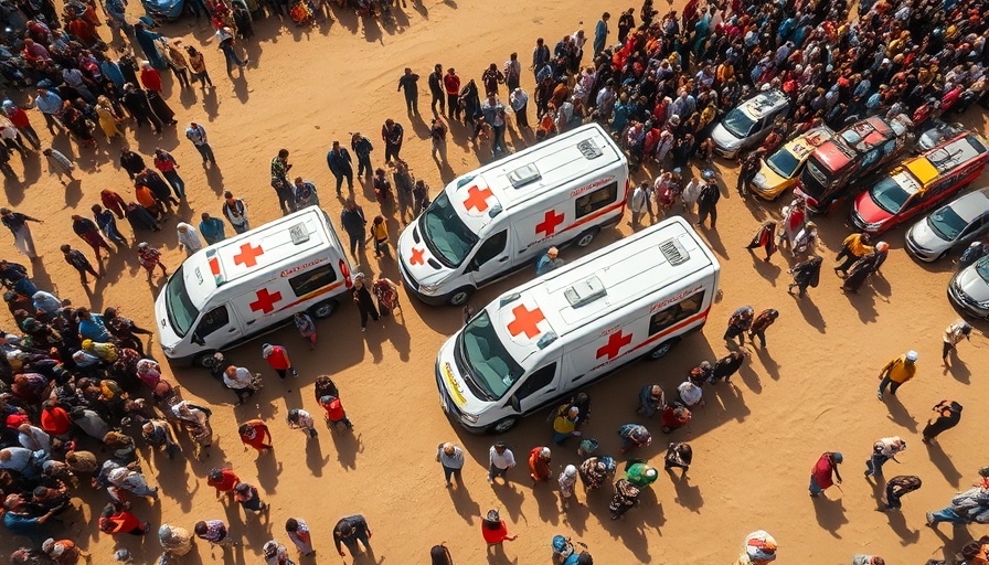 Aerial view of ambulances in Israel surrounded by a crowd.
