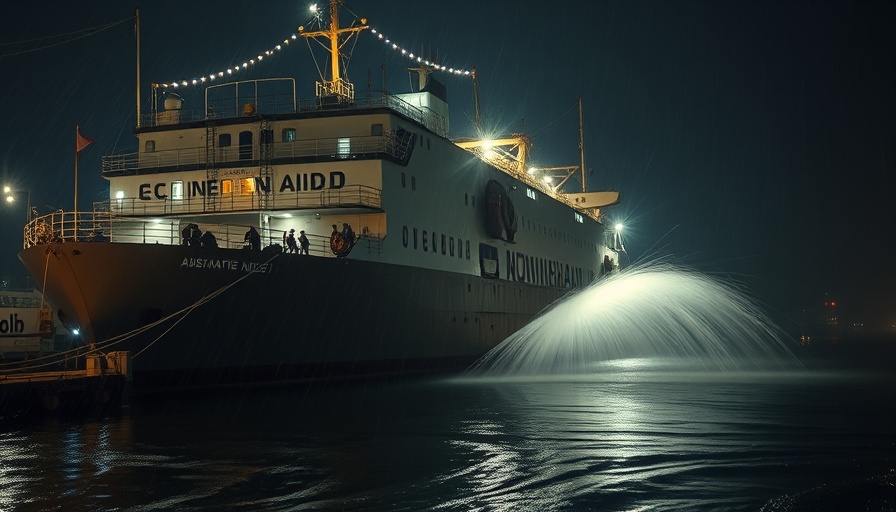 Humanitarian aid ship at night with rain and water spray.