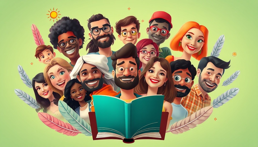 Animated collage of diverse authors with books and symbols on green background