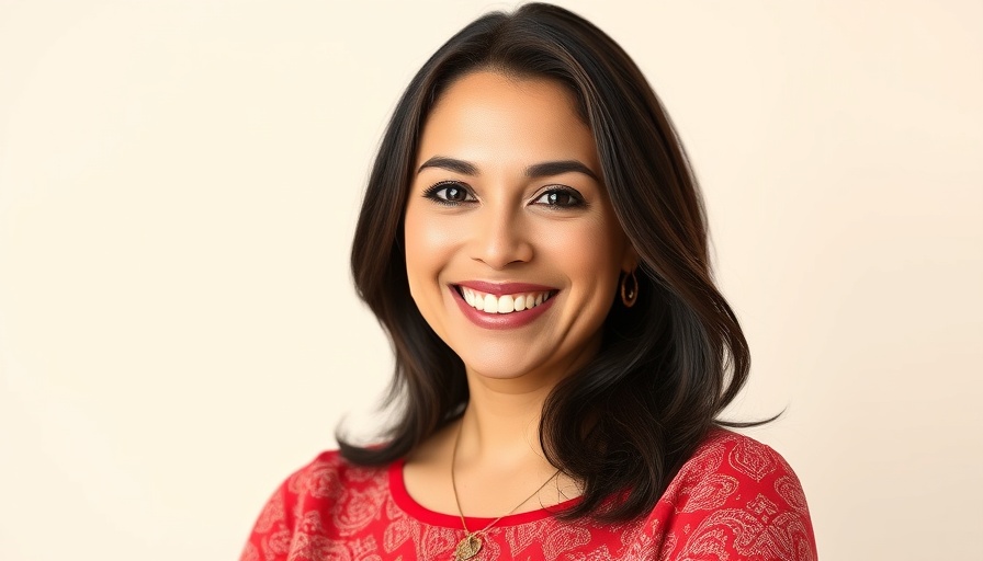 Portrait of smiling woman in red top, identity verification concept.