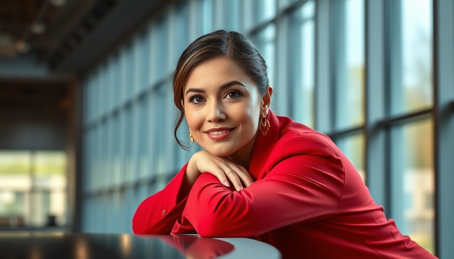 Professional woman in red, leaning with engaging gaze in a business setting.