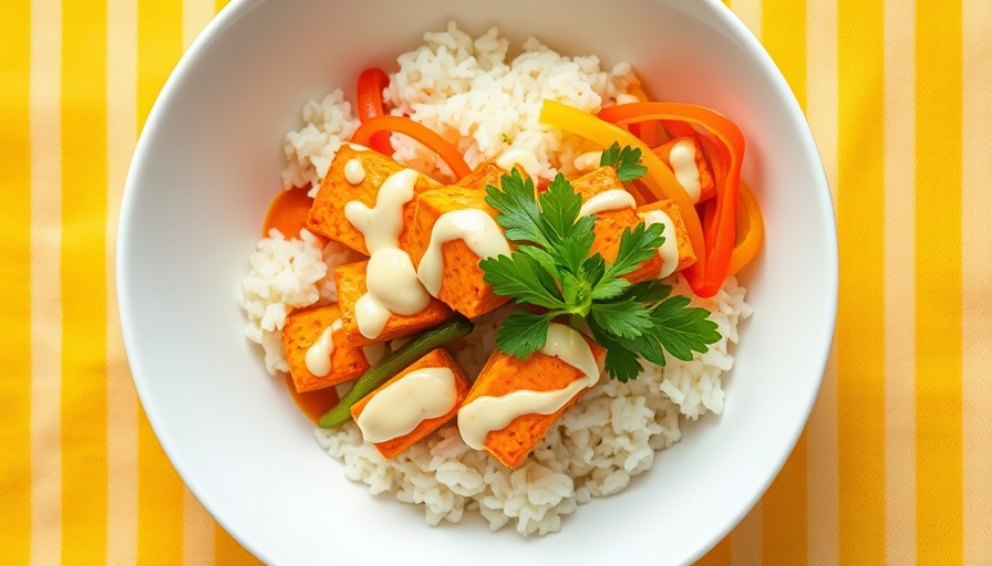 Vibrant Buffalo Tofu Rice Bowl with colorful vegetables.