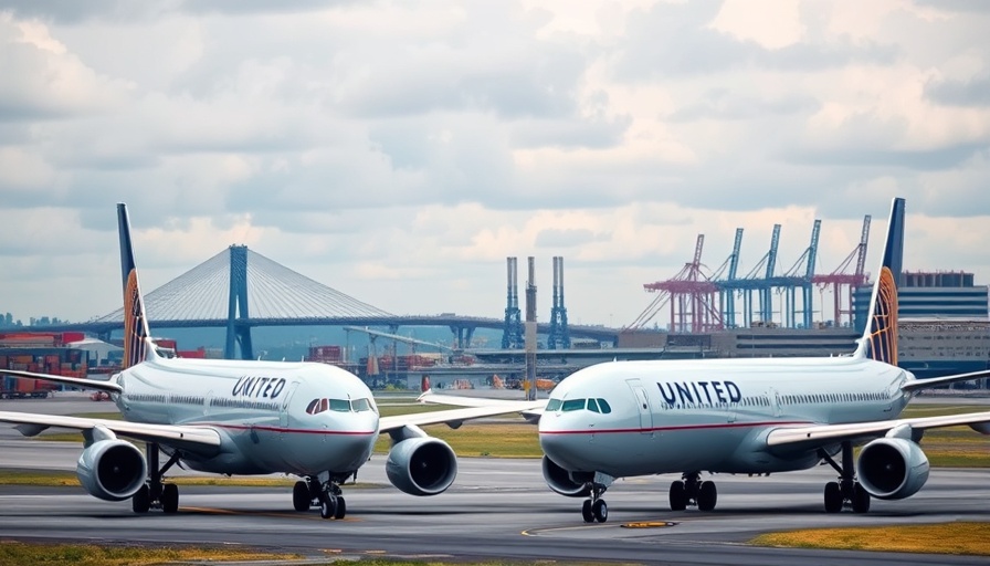 United Airlines planes at Newark with industrial skyline background.
